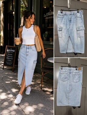 American Eagle High Rise Cargo Midi Denim Skirt Light Wash Size 12